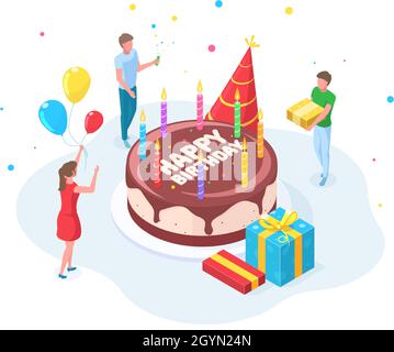 Isometric festa di compleanno persone celebrazione concetto. Personaggi che celebrano l'evento di compleanno, congratulazioni persona di compleanno illustrazione vettoriale Illustrazione Vettoriale