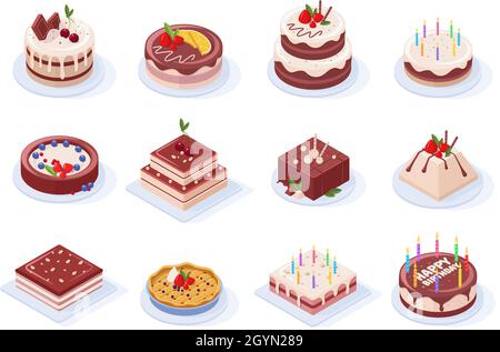 Festa di compleanno isometrica deliziose torte glassate al cioccolato. Festa al cioccolato, alla fragola o alla vaniglia torta gustosa set di illustrazioni vettoriali Illustrazione Vettoriale