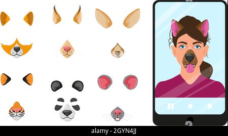 Mascherine per selfie, video chat app mobile. Selfie filtri, mobile photo editor app animal faces maschere illustrazione vettoriale. Video Illustrazione Vettoriale