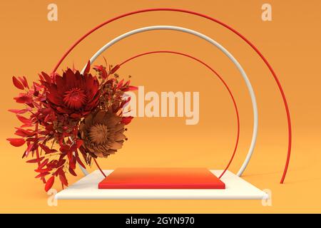 Podio quadrato arancione 3D con composizione autunnale di fiori rossi. Piedistallo per prodotti per la cura della pelle su sfondo pastello. Banner per branding e imballaggio Foto Stock