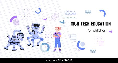 Layout del sito di corsi di formazione per bambini in alta tecnologia e robotica. Illustrazione Vettoriale