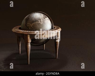 Rendering 3D di globo in metallo vintage su tavola di legno su sfondo marrone scuro Foto Stock