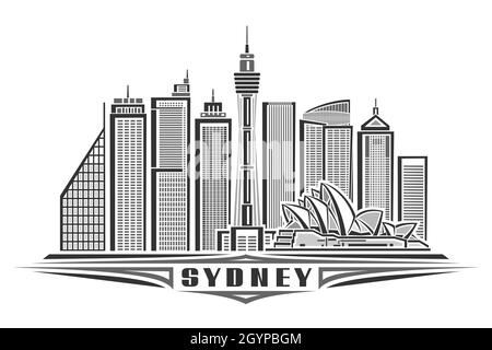 Illustrazione vettoriale di Sydney, poster orizzontale monocromatico con design lineare famoso paesaggio cittadino di sydney, concetto artistico urbano con decorazione unica Illustrazione Vettoriale