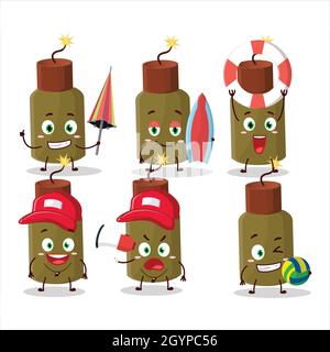 Happy face firecracker personaggio cartoon esplosivo giocando su una spiaggia. Illustrazione vettoriale Illustrazione Vettoriale