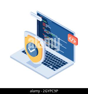 Schermo isometrico 3D piatto e notebook con programmazione del codice lingua sul monitor. Protezione dei dati e concetto di sicurezza informatica. Illustrazione Vettoriale