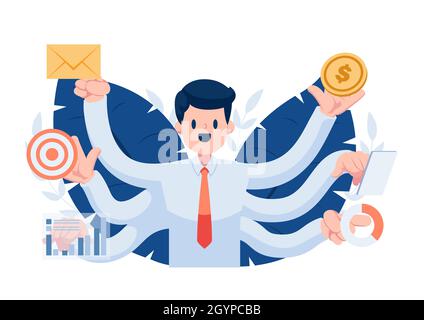 Uomo d'affari con molte mani che fanno molti lavori simultaneamente. Concetto di multitasking al lavoro ed efficiente gestione dei problemi Illustrazione Vettoriale