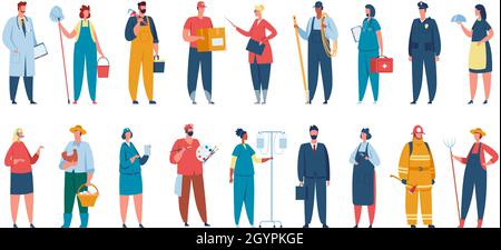Persone di diverse professioni, lavoratori professionali in uniforme. Personaggi con varie professioni medico, artista, maestro vettore set. Dipendenti di sesso maschile e femminile con attrezzature di lavoro Illustrazione Vettoriale