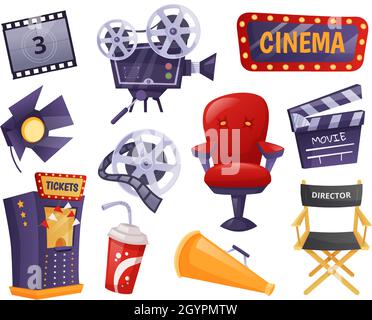 Elementi cinematografici cartoon, cinema entertainment, industria cinematografica. Clapperboard, telecamera retrò, sedia regista, set vettoriale per la realizzazione di film. Biglietteria di vendita, cartello luminoso Illustrazione Vettoriale