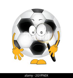 Una palla da calcio cartoon con lente d'ingrandimento. Illustrazione vettoriale. Illustrazione Vettoriale