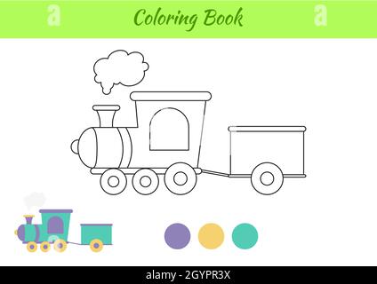 Treno per libri da colorare per bambini. Pagina delle attività didattiche per bambini e bambini in età prescolare con trasporto. Foglio di lavoro stampabile. Fumetto colorfu Illustrazione Vettoriale