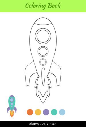 Rocket libro da colorare per bambini. Pagina delle attività didattiche per bambini e bambini in età prescolare con trasporto. Foglio di lavoro stampabile. Cartoon colorato v Illustrazione Vettoriale