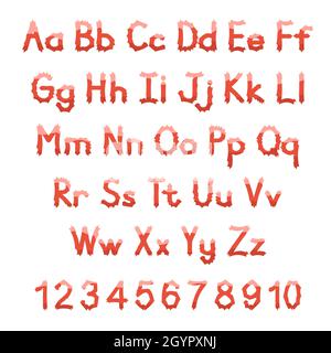 Alfabeto inglese. Set vettoriale. Colore rosso brillante. Per Halloween. Carattere disegnato a mano. Numeri, lettere maiuscole e minuscole. Illustrazione Vettoriale