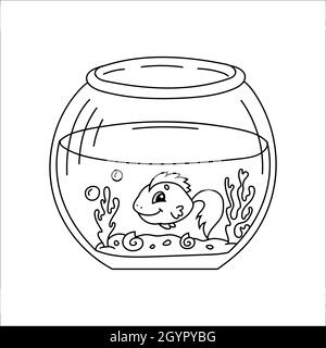 Acquario con pesce. Colorare la pagina del libro per i bambini. Stile cartoon. Illustrazione vettoriale isolata su sfondo bianco. Illustrazione Vettoriale
