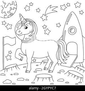 L'unicorno astronauta sbarcò su un altro pianeta. Colorare la pagina del libro per i bambini. Personaggio stile cartoon. Illustrazione vettoriale isolata su sfondo bianco. Illustrazione Vettoriale