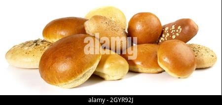Vari panini per hamburger e Hot Dogs isolati su sfondo bianco Foto Stock