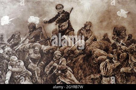 WWI - l'impressione di Un artista del 1916 delle truppe indiane che caricano le trincee tedesche a Neuve Chapelle nel marzo 1915. Foto Stock