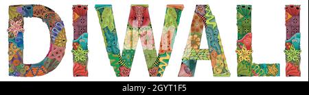 Design artistico dipinto a mano. Illustrazione parola DIWALI per t-shirt design, tatuaggio e altre decorazioni Illustrazione Vettoriale