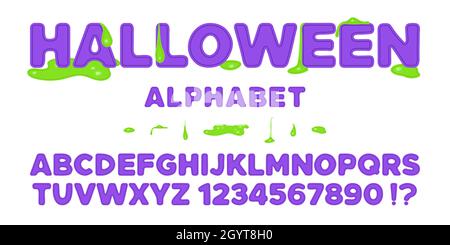 Divertente flowers flowers Halloween font design - alfabeto, lettere e numeri impostati in stile fumetto con gocce di silicio incandescente come un fidget giocattoli popit. Stile mostro Illustrazione Vettoriale