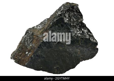 Ilmenite (minerale di titanio) da Fyland, Norvegia isolato su sfondo bianco Foto Stock