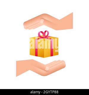 Scatola di premi Gold in uno stile straordinario a portata di mano. Icona della confezione regalo. Illustrazione dello stock vettoriale. Illustrazione Vettoriale