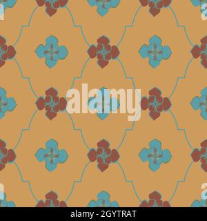 Medievale rosa romana ogee vettore pattern sfondo. Sfondo in stile mattonella Azulejo di fiori disegnati a mano con linee geometriche in rosso arancio ocra Illustrazione Vettoriale