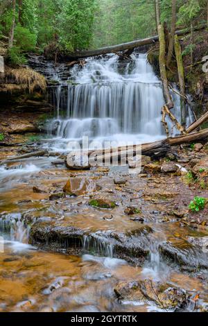 Wagner Falls, vicino a Munising, Spring, Michigan, USA, Di Dominique Braud/Dembinsky Photo Assoc Foto Stock