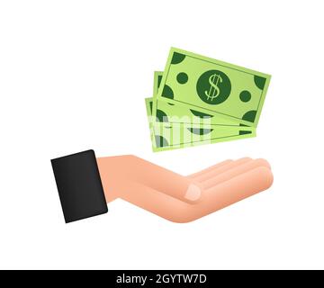 Semplice mano di denaro per il design concettuale. Tenere a mano banconote in denaro verde. Design piatto. Illustrazione Vettoriale