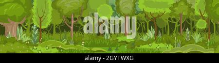 Paesaggio forestale estivo. Illustrazione della natura. Folto fogliame, arbusti e una radura al bordo. Spessi scuri ombreggiati. Vista sugli alberi verdi. Cartoon flat Illustrazione Vettoriale