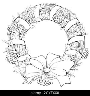 Corona di foglie, ghiande e rowan isolati su bianco. Cornice circolare vettoriale disegnata a mano monocromatica con linea nera. Modello per carta autunnale o libro da colorare. Illustrazione Vettoriale