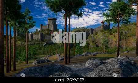 illustrazione 3d di una vista paesaggio con un grande castello medievale su una collina circondata da foresta in lontananza e rocce in primo piano. Foto Stock