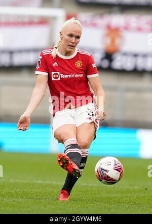 Leigh, Inghilterra, 9 ottobre 2021. Maria Thorisdottir di Manchester United durante la partita della fa WomenÕs Super League al Leigh Sports Village di Leigh. Il credito d'immagine dovrebbe leggere: Andrew Yates / Sportimage Foto Stock