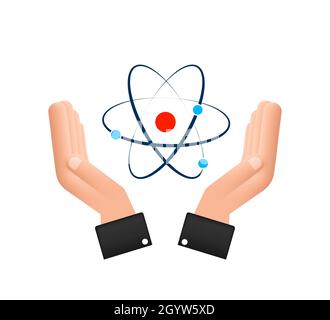 Icona Atom su vettore mani, simboli Atom su sfondo bianco. Illustrazione Vettoriale