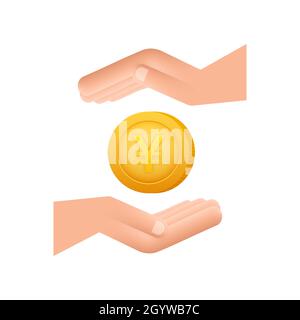 Yen moneta con le mani, grande disegno per tutti gli scopi. Illustrazione vettoriale di stile piatto. Icona valuta. Illustrazione Vettoriale