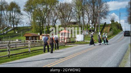 Ronks, Pennsylvania, marzo 2021 - Teenage Amish ragazzi e ragazze che camminano lungo una strada rurale in campagna in un giorno di primavera Foto Stock