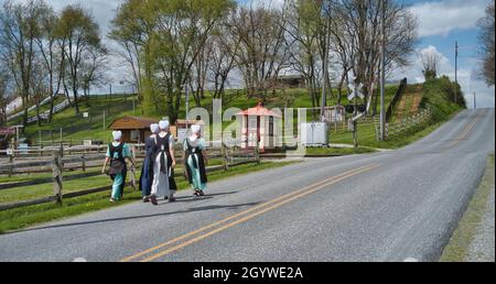 Adolescenti Amish ragazzi e ragazze che camminano lungo una strada rurale in campagna in un giorno di primavera Foto Stock