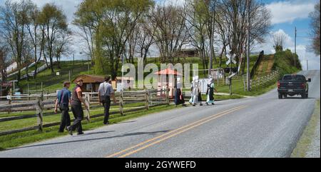 Ronks, Pennsylvania, marzo 2021 - Teenage Amish ragazzi e ragazze che camminano lungo una strada rurale in campagna in un giorno di primavera Foto Stock