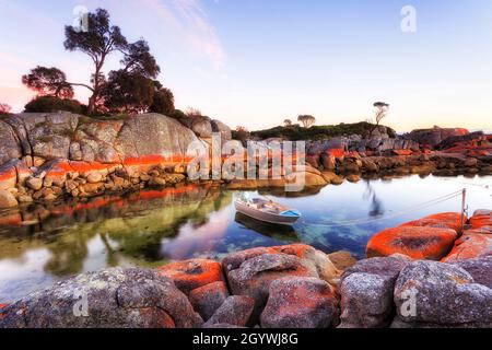 Piccola barca da pesca a motore con motore a benzina su una corda ormeggiata nella baia di Binalong del fuoco, Tasmania, Australia. Foto Stock