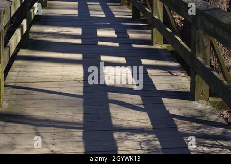 Una vecchia recinzione in legno spaccato ferrovia lungo un sentiero escursionistico in un parco Foto Stock