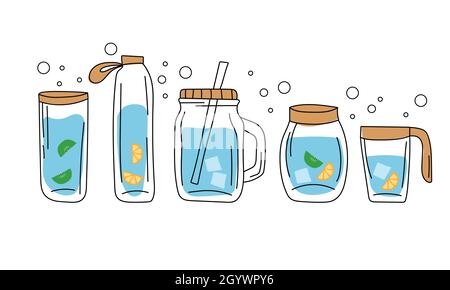 Concetto - bere più acqua, bere acqua con ghiaccio, arancia, kiwi in bottiglia di vetro. Set vettoriale di bottiglie varie, vetro. Illustrazione Vettoriale