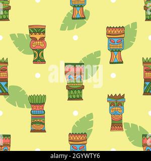 Tiki maschera hawaiana - illustrazione vettoriale estiva - con foglie di palma tropicali - modello senza giunture Illustrazione Vettoriale