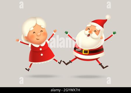 Signora Claus e Babbo Natale jumping - espressione felice - carino illustrazione vettoriale isolato Illustrazione Vettoriale