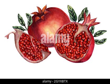 Melograno fresco maturo intero e tagliato a pezzi con semi e foglie. Illustrazione di melograno dell'acquerello isolata su sfondo bianco. Disegnato da han Foto Stock