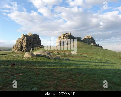 Campi di Mogolia con montagne al centro Foto Stock