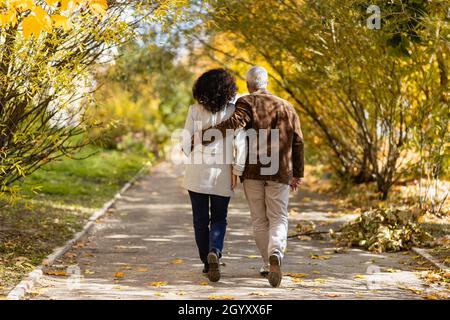 Ritratto di una coppia matura di 50 anni in un parco autunnale. Vista posteriore: Un uomo e una donna stanno camminando lungo il vicolo. Foto Stock
