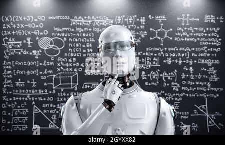 Robot di rendering 3d concettuale di apprendimento automatico con background di formula matematica Foto Stock