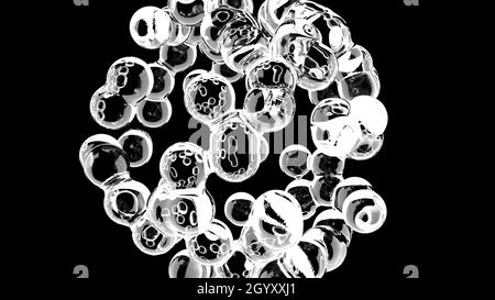 Metaballs bolle di liquido su sfondo nero particelle di acqua dolce 3d rendering Foto Stock