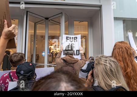 New York, Stati Uniti. 9 ottobre 2021. Gli attivisti per i diritti degli animali protestano con cartelli e striscioni davanti al Dior Store sulla Fifth Avenue a New York City. Gli attivisti per i diritti degli animali di Fur Free NYC, una coalizione di organizzazioni senza scopo di lucro che lavorano per vietare la vendita di pellicce a New York City, hanno protestato pacificamente chiedendo ai newyorkesi di sollecitare i loro membri del Consiglio di New York a sostenere il progetto di legge Intro 1476 per la NYC senza pellicce. Credit: SOPA Images Limited/Alamy Live News Foto Stock