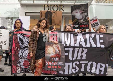 New York, Stati Uniti. 9 ottobre 2021. Gli attivisti per i diritti degli animali protestano con cartelli e striscioni davanti al Dior Store sulla Fifth Avenue a New York City. Gli attivisti per i diritti degli animali di Fur Free NYC, una coalizione di organizzazioni senza scopo di lucro che lavorano per vietare la vendita di pellicce a New York City, hanno protestato pacificamente chiedendo ai newyorkesi di sollecitare i loro membri del Consiglio di New York a sostenere il progetto di legge Intro 1476 per la NYC senza pellicce. (Foto di Ron Adar/SOPA Images/Sipa USA) Credit: Sipa USA/Alamy Live News Foto Stock