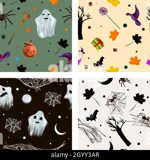 Quattro motivi senza cuciture di Halloween. Zucca, ragno, ragnatela, fantasma, pipistrello, e altri elementi. Texture senza fine per il tuo design. Illustrazione vettoriale. Illustrazione Vettoriale