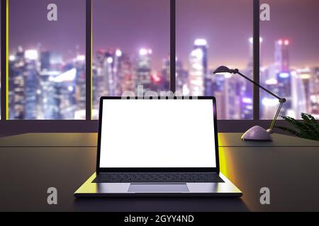 notebook con schermo vuoto e rendering 3d in ufficio Foto Stock